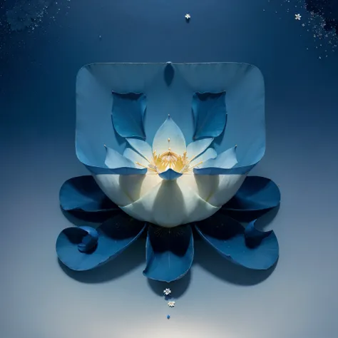 masterpiece,high quality,gilding,a lotus flower in shades of blue,with its petals open and leaves spread out. The background is a deep blue hue,adorned with white speckles,possibly representing stars or snowflakes.,