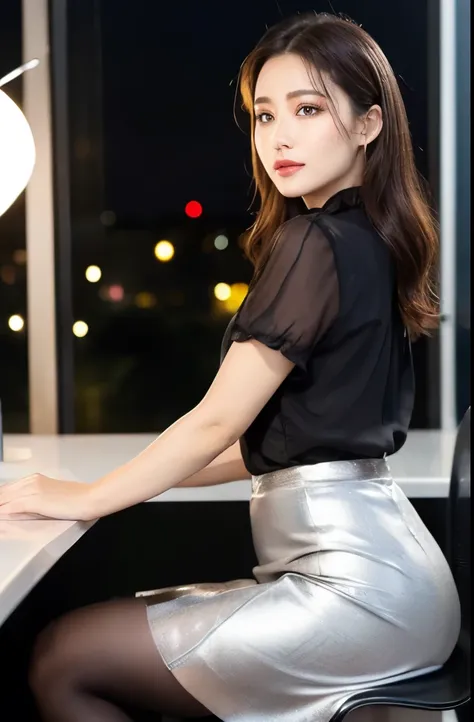 (((masterpiece))), ((( best quality: 1.4))), (( Very detailed: 1.4)) , (  full body shot ), (Side view), (( one woman)), Incredible beauty、plump beautiful mature woman、An office with a beautiful night view 、  is sitting on a chair wearing a black dress, 
 ...