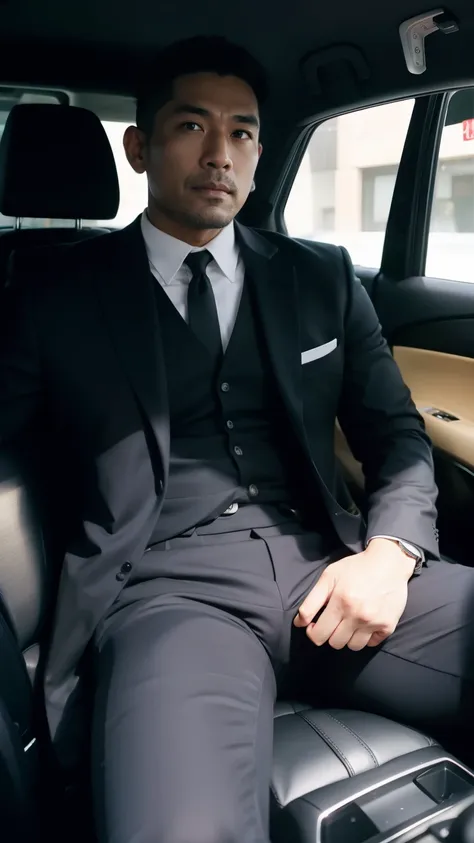 50 years old,One Man,Black Suit,Inside the car、squat、Tall dark-skinned man、Dark Asian face,muscle,Gay ,7:3 parting / all back,Stubble、Sitting with legs open、The crotch area is bulging、Stubble,Asian man&#39;s face,Hermes Belt。Black socks、View from the front