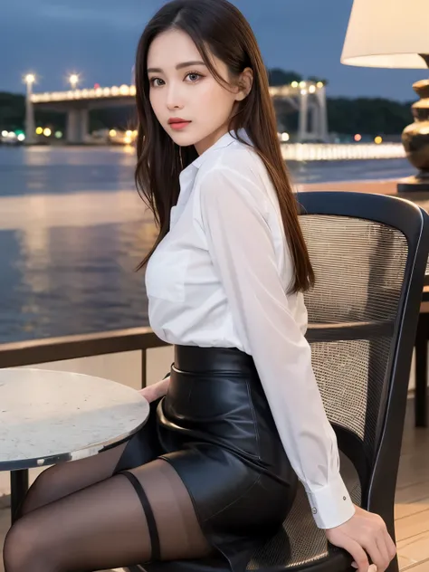 (((masterpiece))), ((( best quality: 1.4))), (( Very detailed: 1.4)) , (  full body shot ), (Side view), (( one woman)), Incredible beauty、plump beautiful mature woman、An office with a beautiful night view 、  is sitting on a chair wearing a black dress, 
 ...