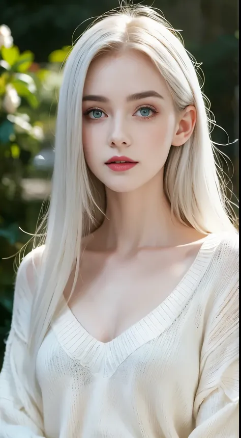 A portrait of a beautiful woman standing in dark, green eyes, wearing white sweater, pale skin, smooth pale skin, nice face, white hair, detailed hair, super detailed, 8k
