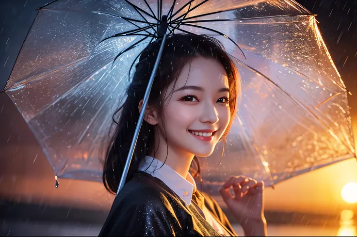  best quality　masterpiece　 Details　 A super beautiful woman is smiling and holding a transparent umbrella in the heavy rain　The sunset is visible through an umbrella 　 close-up　Photo style　 imaginary　Artistic　 fantasy