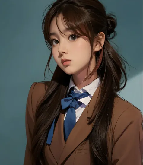  image of a student in brown hair on a bun style hair wearing brown student uniform with blue ribbon collar