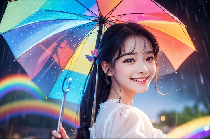  best quality　masterpiece　 Details　 A super cute girl is smiling and holding a transparent umbrella in the light rain　A beautiful rainbow is visible through an umbrella 　 close-up　Photo style　 imaginary　Artistic　 fantasy　 dramatic production