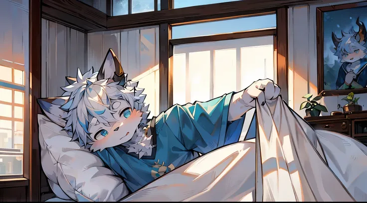 Furry,fur,bodyfur,solo person,Short sleeves,Dozing off in the studio,‎Studio，Painting board,Sleep with your hands under your head，blue shirt,((Character focus)), White hair, white fur,Break,AOEU,AOEU,AOEU,AOEU,AOEU,AOEU,AOEU,AOEU,AOEU,AOEU,AOEU,AOEU,AOEU,A...