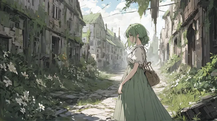 A girl walking through a ruined world　nature　A little bit of flower　green　town