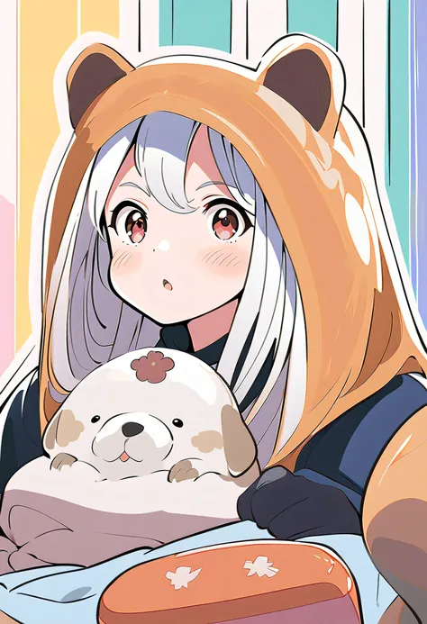 Girl with dog ears， white hair in a narrow box，4-life illustration ，Eat baked sweet potato