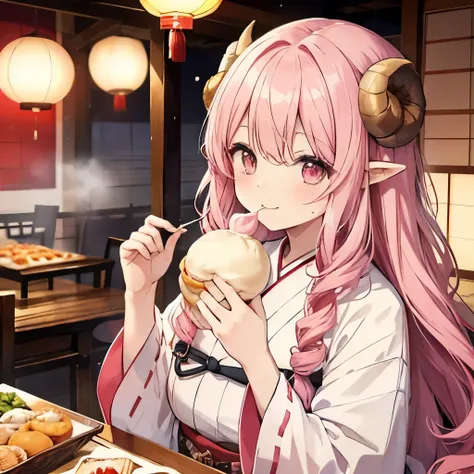 An anime-style illustration of ‘Fua-chan’ happily enjoying a red and white celebratory manju (Japanese steamed bun). Fua-chan has long pink hair styled ((in soft curls resembling sheep’s horns,)) and her pink eyes shine with delight. She is depicted holdin...