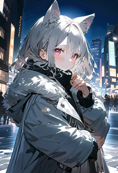 girl with dog ears，Silver Hair，In the city，Night view of a beautiful city，Snow