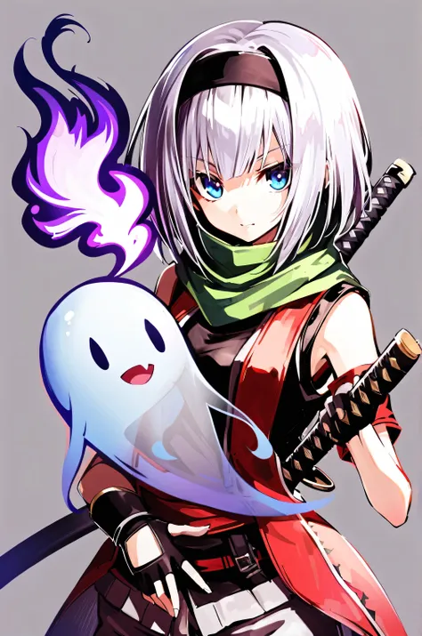  1 girl, Alone, Konpaku Youmu, Konpaku Youmu (Ghost), Gray Hair,  Shorthair, katana,  alternative costume,  headband,  blue eyes, black  headband, scarf, fingerless Gloves, ribbon, Gloves,  shorts, Hitodama, hair ribbon,  upper body,