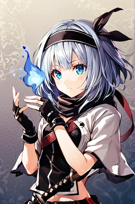  1 girl, Alone, Konpaku Youmu, Konpaku Youmu (Ghost), Gray Hair,  Shorthair, katana,  alternative costume,  headband,  blue eyes, black  headband, scarf, fingerless Gloves, ribbon, Gloves,  shorts, Hitodama, hair ribbon,  upper body,