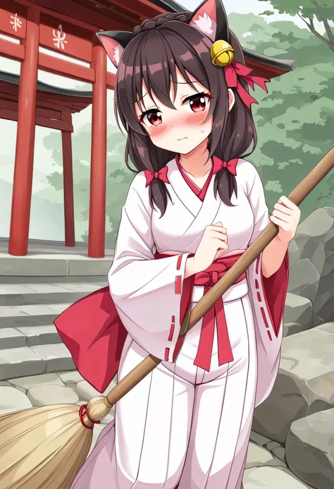 yunyun、masterpiece, best quality,  high definition ,one person, Yunyun、 Former name yunyun,  crown braid the same color as hair,  black hair、Red eyes、 hair accessory with a bell ,  hair bow , ( white and pink shrine maiden costume 、Hakama is a red )、( perf...