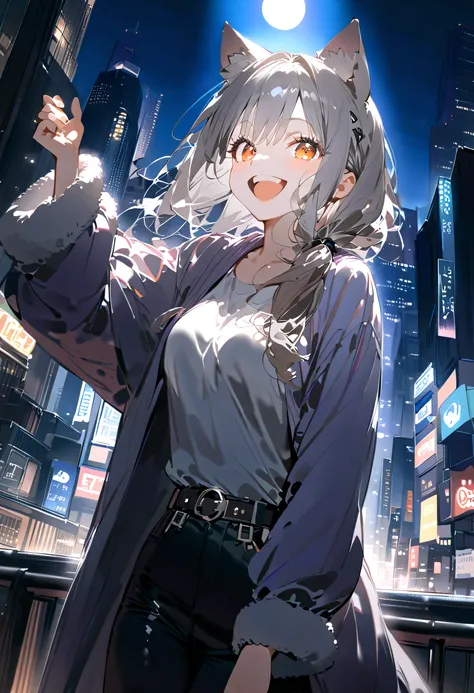 girl with dog ears， silver-haired，Beautiful city night view， excitement ，smile