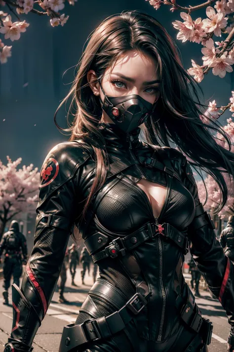 A waist-up portrayal of a stunning realistic ninja girl, featuring an ominous aura, in adorned combat plugsuit and a mask, with piercing bright eyes, set against a dark backdrop as cherry blossoms cascade around her