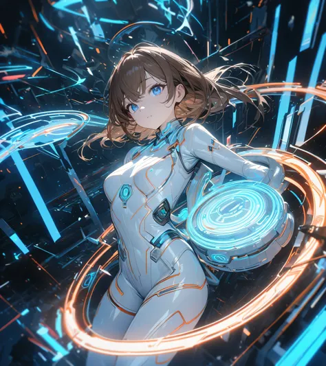  young girl,  short brown hair,  blue eyes,  white bodysuit , Tron, masterpiece,  best quality, Full HD, 8k,  ultra detail ,  amazing graphics 