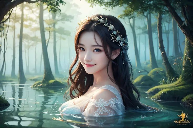  best quality　masterpiece　 Details　A super beautiful woman appeared from inside a beautiful misty lake with a smile　Photo style　 imaginary　 fantasy