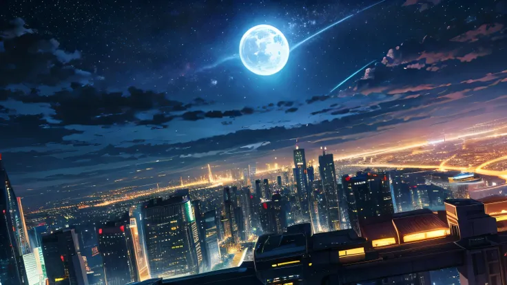  High Quality、A sci-fi city at night with a fantastic moon illuminated by beautiful starry skies and earthly lights