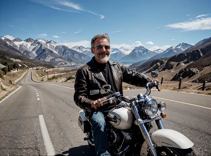 PHOTO OF A , 50-year-old gentleman, smiling, short hair and white mustache, smooth face with a beard on his chin on a Harley Davidson, cutting through the wind, wearing a leather jacket, no helmet, five fingers, feet on pedals, lush landscape, mountains in...