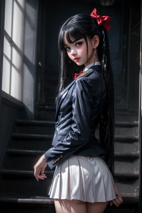 (School stairs), charming eyes,Heartwarming action,A ,(Rear view),(look back),look back,Look up at the head,thick long black hair, highly detailed body, very detailed face in light blue underwear, best quality,(High school girl),(High school girl),,((White...