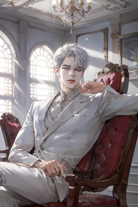  silver haired handsome boy leaning back in a chair, Beautiful rich atmosphere , Attractive eyes,  beautiful rich atmosphere , noble clothes, chandelier,  ceiling spring ,  High Quality Details , Peaceful,  high contrast , 8k, Ethereal anime, sunlight, fan...