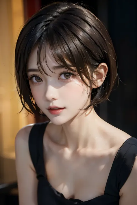 (masuter piece:1.3)、(8K、Photorealsitic、Raw photography、top-quality: 1.4)、(1girl in)、beautiful countenance、(Lifelike face)、(A dark-haired、short-hair:1.8)、Beautiful hairstyle、realisticeyes、Beautiful details、(real looking skin)、Beautiful skins、(maid clothes:1...