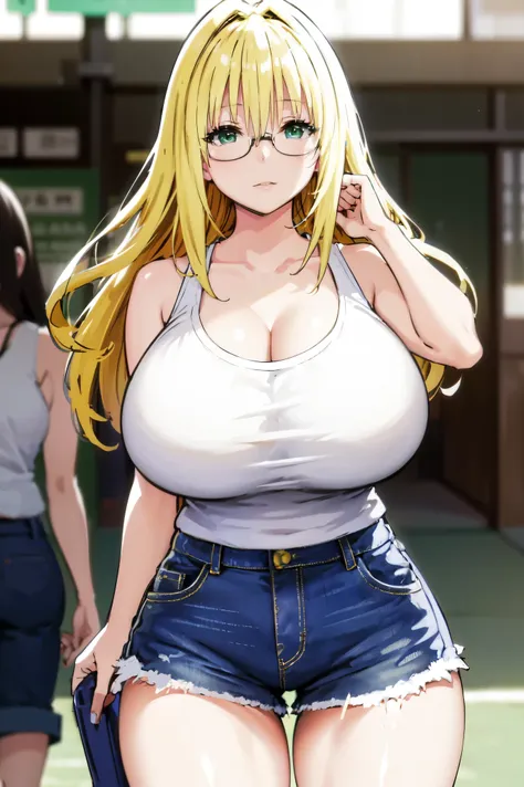 blonde hair, very huge tits , (( white tank top, short pants jeans)), ((glasses))), thick, busty, green eyes, long hair, upperbo...