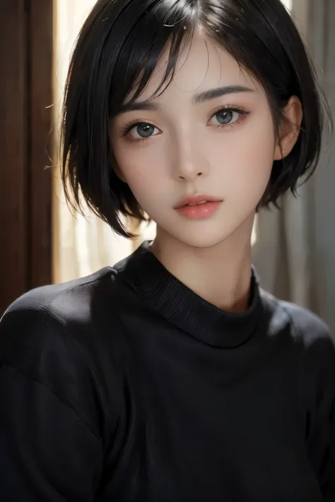(masterpiece:1.3), (8k, photorealistic, RAW photo, best quality: 1.4), (1girl), beautiful face, (realistic face), (black hair, short hair:1.3), beautiful hairstyle, realistic eyes, beautiful detailed eyes, (realistic skin), beautiful skin, (sweater), absur...