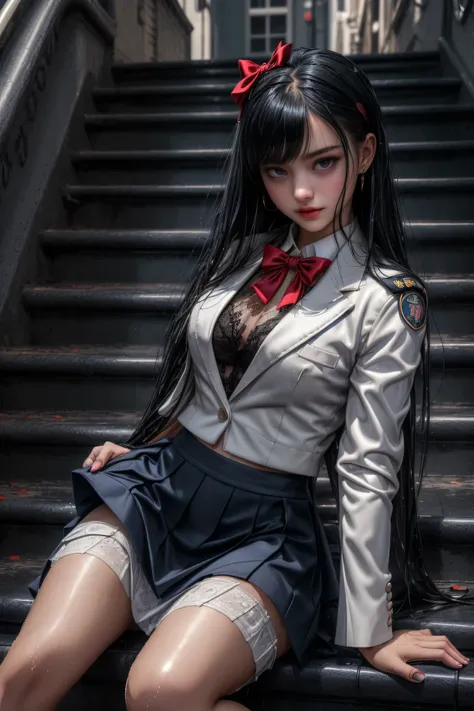 ( girl sitting on school stairs ), charming eyes,Heartwarming action, looks away from camera,( full body shot),Look up at the head,thick long black hair, highly detailed body, very detailed face in light blue underwear, best quality,(High school girl),(Hig...