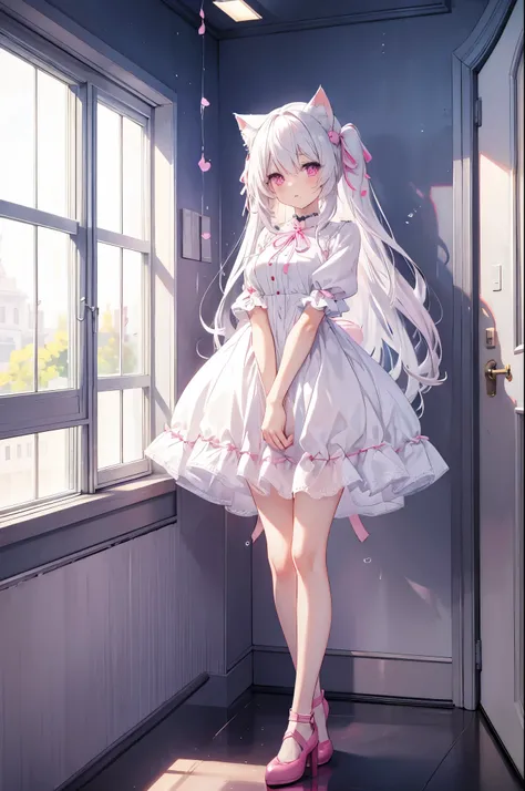  anime girl is standing in front of a window wearing a dress and shoes、A white-haired ，Cat ears，Pink Eyes，light blue ****FACING，  White Panties ， Pink Ribbon ，  have sex with leaking,beautiful and perfect legs, Clean and perfect hands