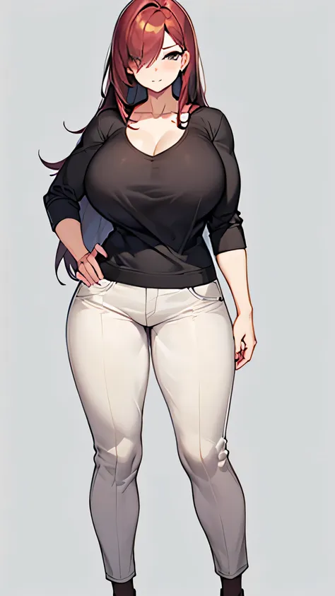 1girl, solo, long hair, dark red head, casual clothes, pants, tall, muscular, mature, one eye covered by hair, high resolution, ...