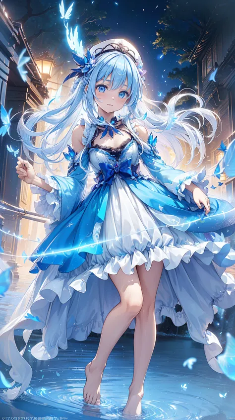 a girl , The Most Beautiful Woman in the World , Side seated , White hair, Long Bian , White hair, blue eyes , ((( Barefoot in the water , Lightly dressed Lolita,Small hat, The dress has moving streamers ) )), Deep Magical Forest , Growing Neon Flowers ...