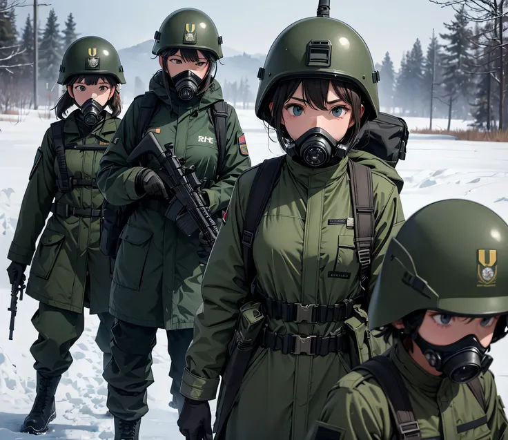 Four female soldiers in dark green military overcoats、All wearing tactical helmets 、 all wear gas masks 、All wear goggles 、 Individual Soldier Gear Set、Patrol with guns，Snowy barracks，masterpiece、 Quality Best 、High precision CG 、8K Picture Quality