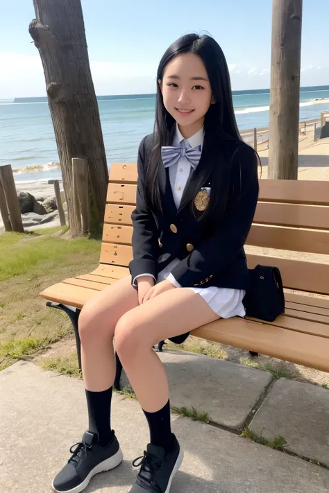 High school girl sitting on a seaside bench、Drinking bottled water、Long black hair、 cute face、uniform、 miniskirt、Full body portrait