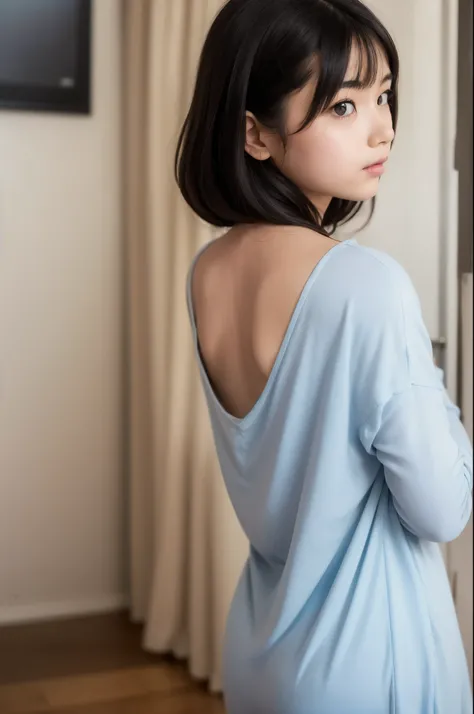 Create a high-quality image of a beautiful petite and slender little sister who is (wearing a thin sleepshirt that subtly shows the bottom of her ass cheeks) as she looks over her shoulder at the viewer while she stands in the living room. Teenager, Ass ch...