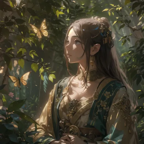  ，Good figure， close-up， emphasizes body curves ，Clear facial features， Details of the faces and divine bows of famous characters ，The overall style is dreamy， The background is an ancient forest ， tall and dense trees ， the sun shines through the leaves, ...