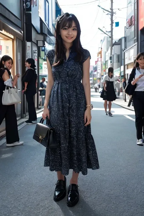 1japanese girl, cute dress, flats, long hair, bang, black hair, hand bag, smile, standing, in street of harajuku, BREAK, (full body shot) BREAK, (masterpiece, best quality:1.4), (8k, raw photo, photorealistic:1.2), ultra high res, detailed skin, detailed f...