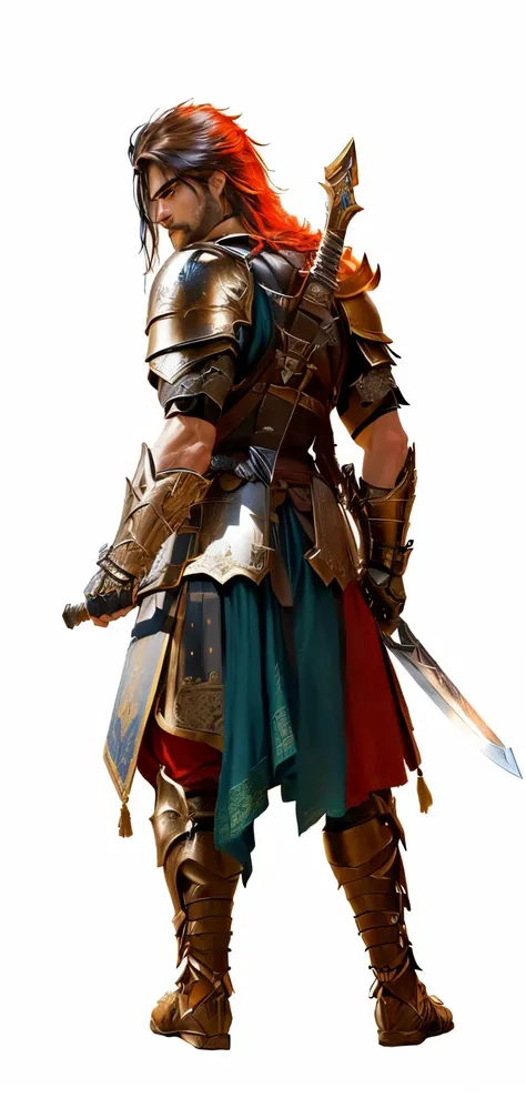 a close up of a person with a sword and a backpack, picture of an adult male warrior, persian warrior, clothed in ancient battle armor, male warrior, warrior dnd character, ares with heavy armor and sword, concept art of a warrior, rpg character art, hands...