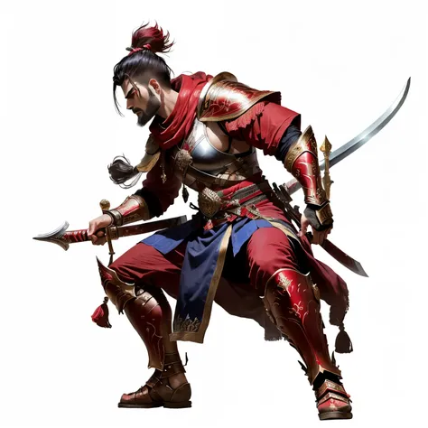 Persian warrior with red details with two swords, stylish, strong, Scorpio King, Bad face 