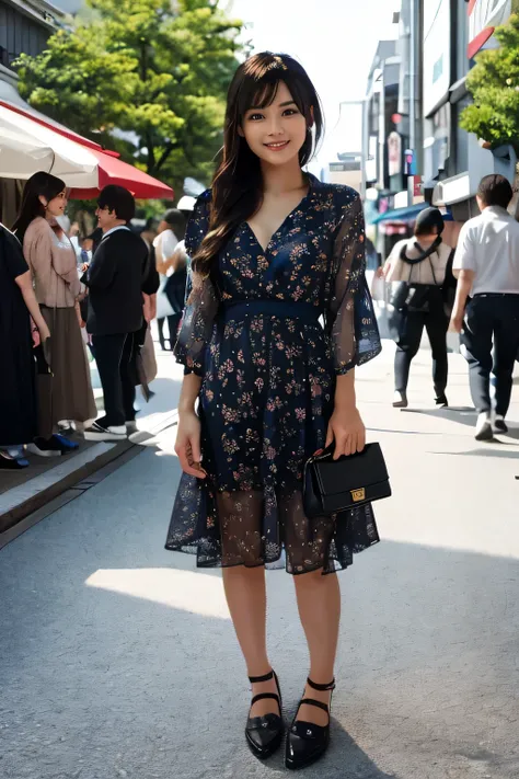 1japanese girl, cute dress, flats, long hair, bang, black hair, hand bag, smile, standing, in street of harajuku, BREAK, (full body shot) BREAK, (masterpiece, best quality:1.4), (8k, raw photo, photorealistic:1.2), ultra high res, detailed skin, detailed f...