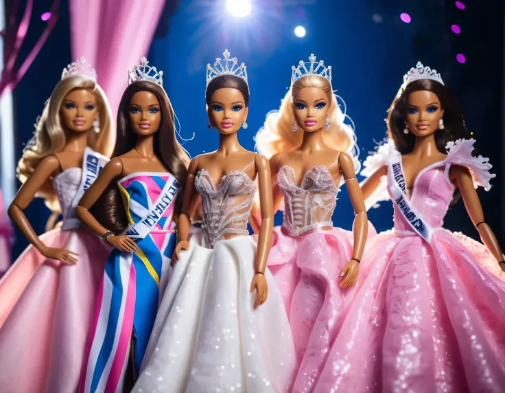 Miss Universe 2024 finalists turned into Barbie dolls, photography, 4k, camera Canon EOS R100 RF-S 45 mm lens f/4.5, soft natural lightning, intricate details, highly detailed, Sharp focus, masterpiece