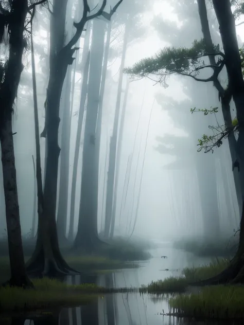 trees in the fog are growing in the swamp, a picture by Jonathan Solter, flickr, environmental art, foggy swamp, misty swamp, swampy atmosphere, swamps, scene from louisiana swamps, swamp forest, artistic swamp with mystic fog, louisiana swamps, eery dead ...