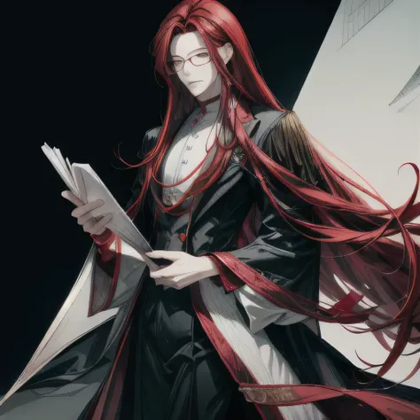 1 man, deep red long hair, wearing glasses, handsome, slender, tall, holding papers, focus on his face