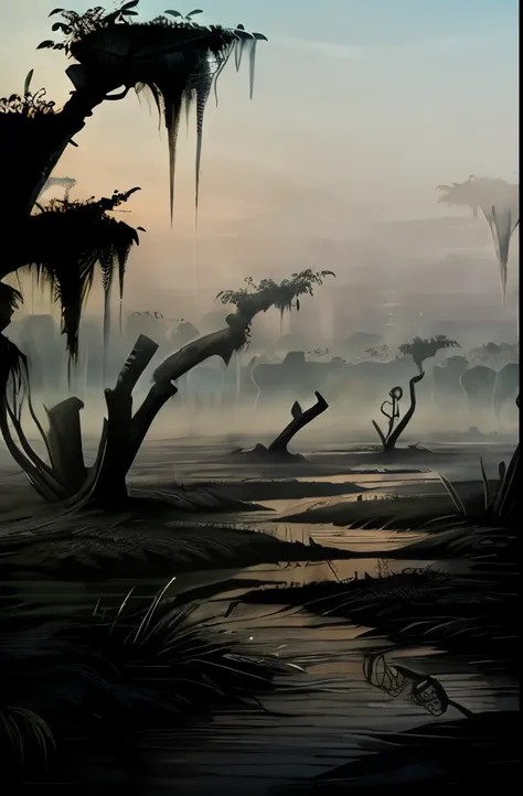 trees in the fog are growing in the swamp, foggy swamp, misty swamp, swampy atmosphere, swamps, scene from louisiana swamps, swamp forest, artistic swamp with mystic fog, louisiana swamps, eery dead swamp setting, swamp land, dark swamp, in a swamp, eerie ...