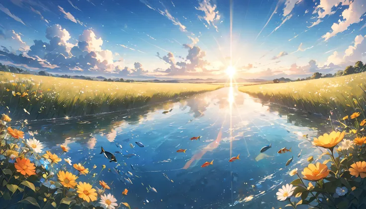 Beautiful scenery of the grassland,  Calm ,   Armor with 、美しく Calm なシーンのイメージを演出,  Colorful Flowers , Gentle flow, And sounds of nature . Representing silence, Life,  sommer, And the beauty of a perfect day., Wind, sun,  crystals,  horizon , reflection, Cle...