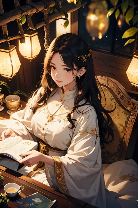 top view。A young slender long-legged girl ， Wearing a flowing bohemian constellation pattern dress ， in a magical tree house 。  She is adorned with tiny glowing fireflies on her well-waisted curls。  surrounded by floating books and vintage teacups ， A drow...