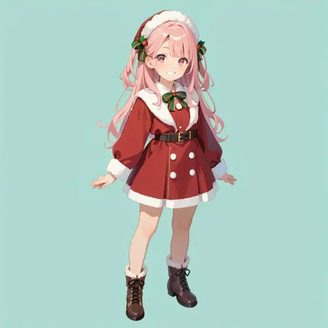 Anime girl pink hair,Pink Eyes,,Official character art,(((((whole body))))),uniform,standing,((((full body)))),toe,((simple background)),(green background),Santa Claus Costumes、mini skirt、boots、smile、Long Hair