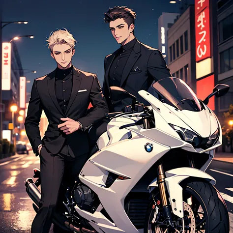  Men white Short Hair  Quiff Hairstyles Blue Eyes Handsome Muscles Black Suit Face Details HD 4K , white BMW R1200 motorbike ,  Night Atmosphere  , music event