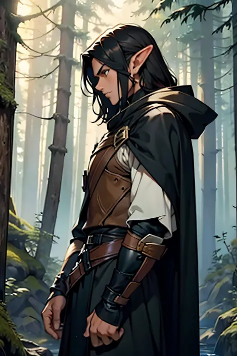 Male Wood Elf Ranger, with long brown hair, black hair, dark hair, An elf dressed as a ranger, Serious look, in black leather armor, Ranger Warrior, Thin and tall, Full-length, Slim, Very tall, Enigmatic, Hooded, Wearing a black cloak at the back, in front...