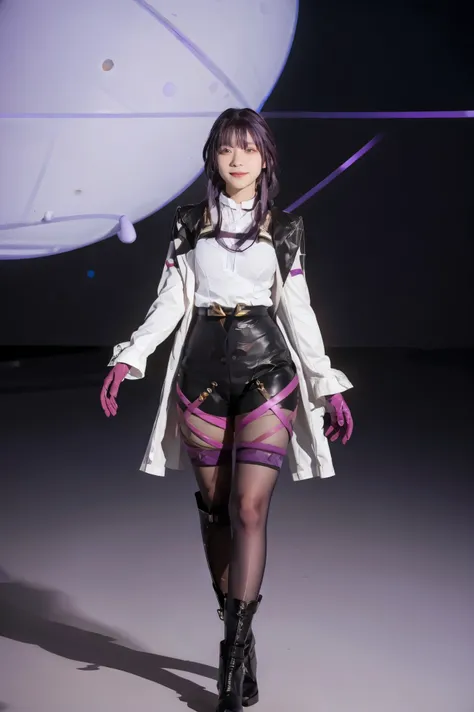 masterpiece, best quality, 1girl, KafkaV4, shirt, white shirt, jacket, purple hair, long sleeves, eyewear on head, sunglasses, boots, gloves, pantyhose, cowboy shot, standing, gradient background, spaceship, closed mouth, smile, looking at viewer, 