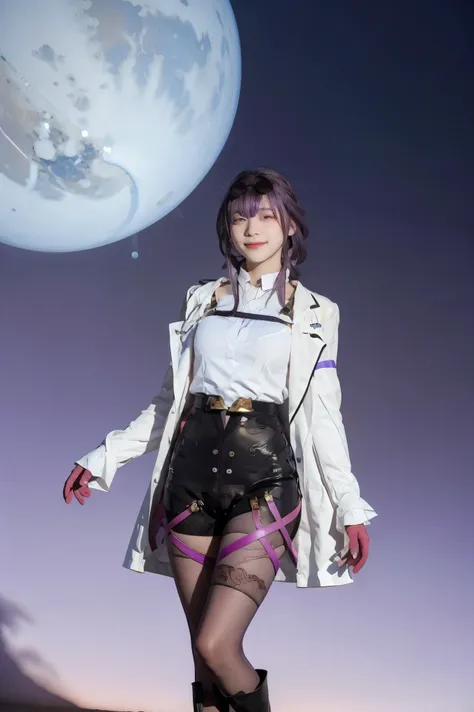 masterpiece, best quality, 1girl, KafkaV4, shirt, white shirt, jacket, purple hair, long sleeves, eyewear on head, sunglasses, boots, gloves, pantyhose, cowboy shot, standing, gradient background, spaceship, closed mouth, smile, looking at viewer, 